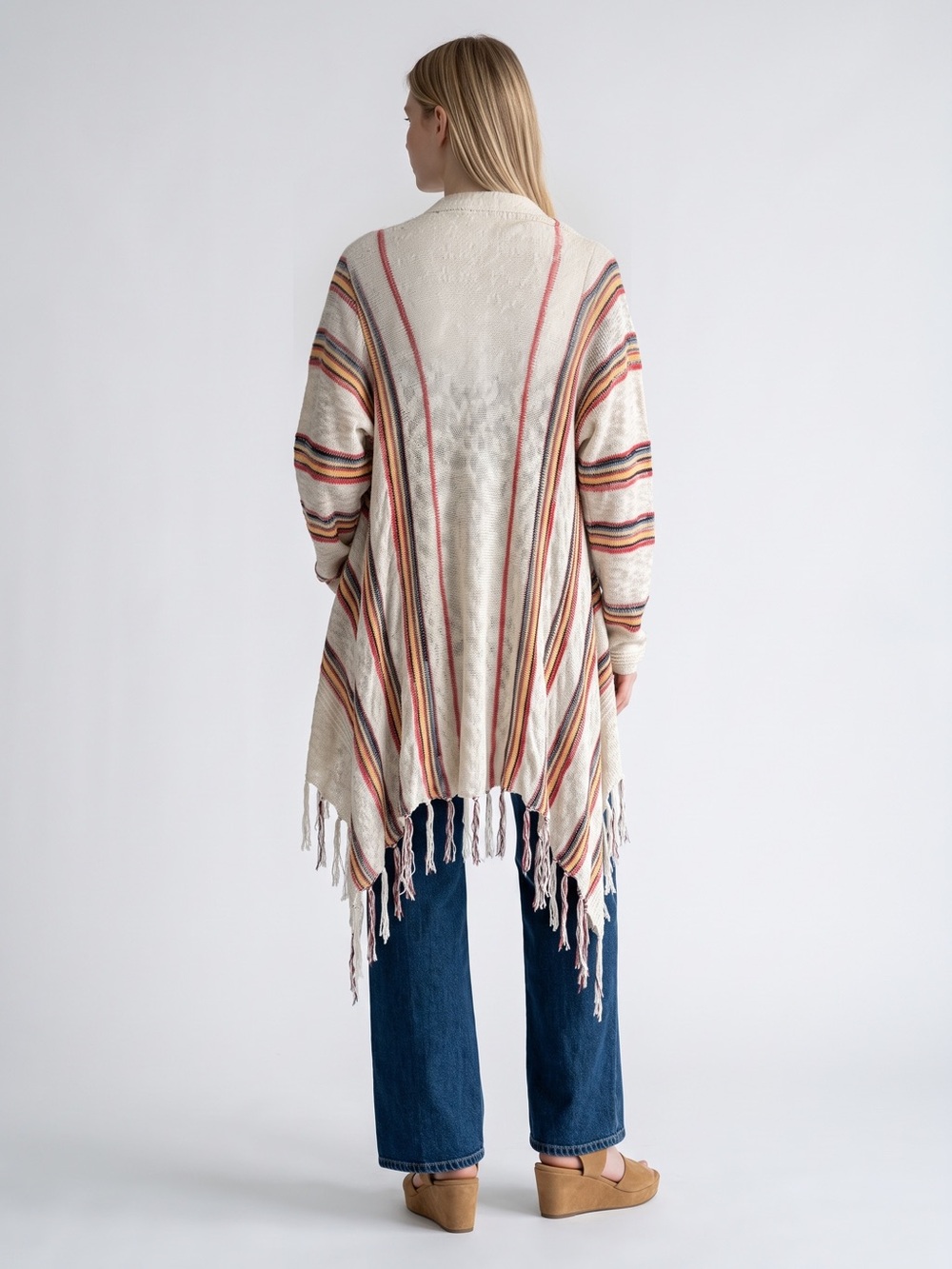 RXB Cream Open-Front Fringe Cardigan with Multicolor Stripes - Picture 6 of 8